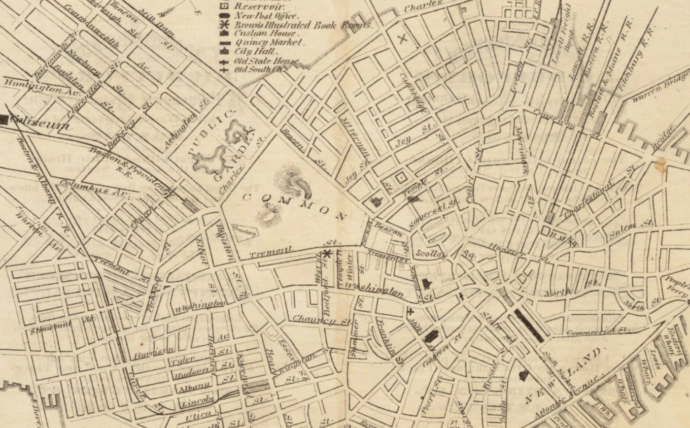 A historic map of downtown Boston from ca. 1870, centered around the Common.