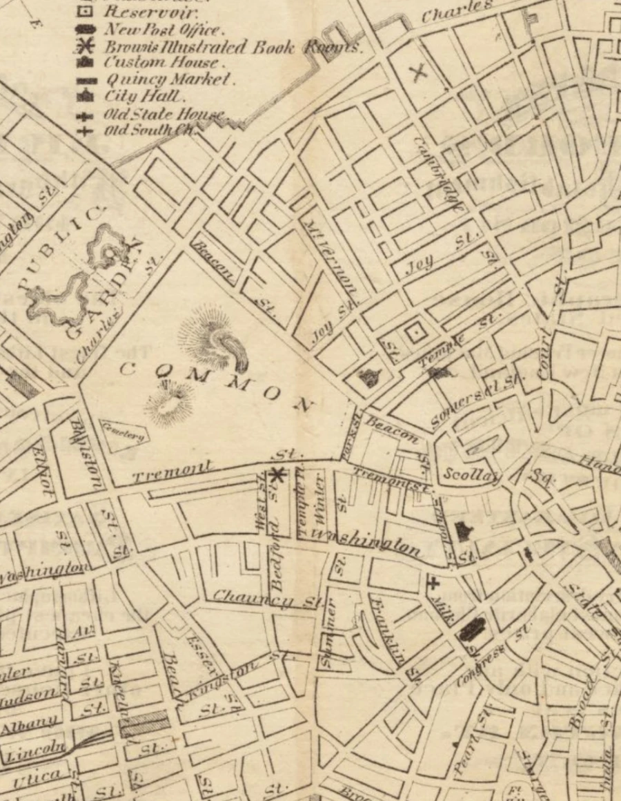 A historic map of downtown Boston from ca. 1870, centered around the Common.
